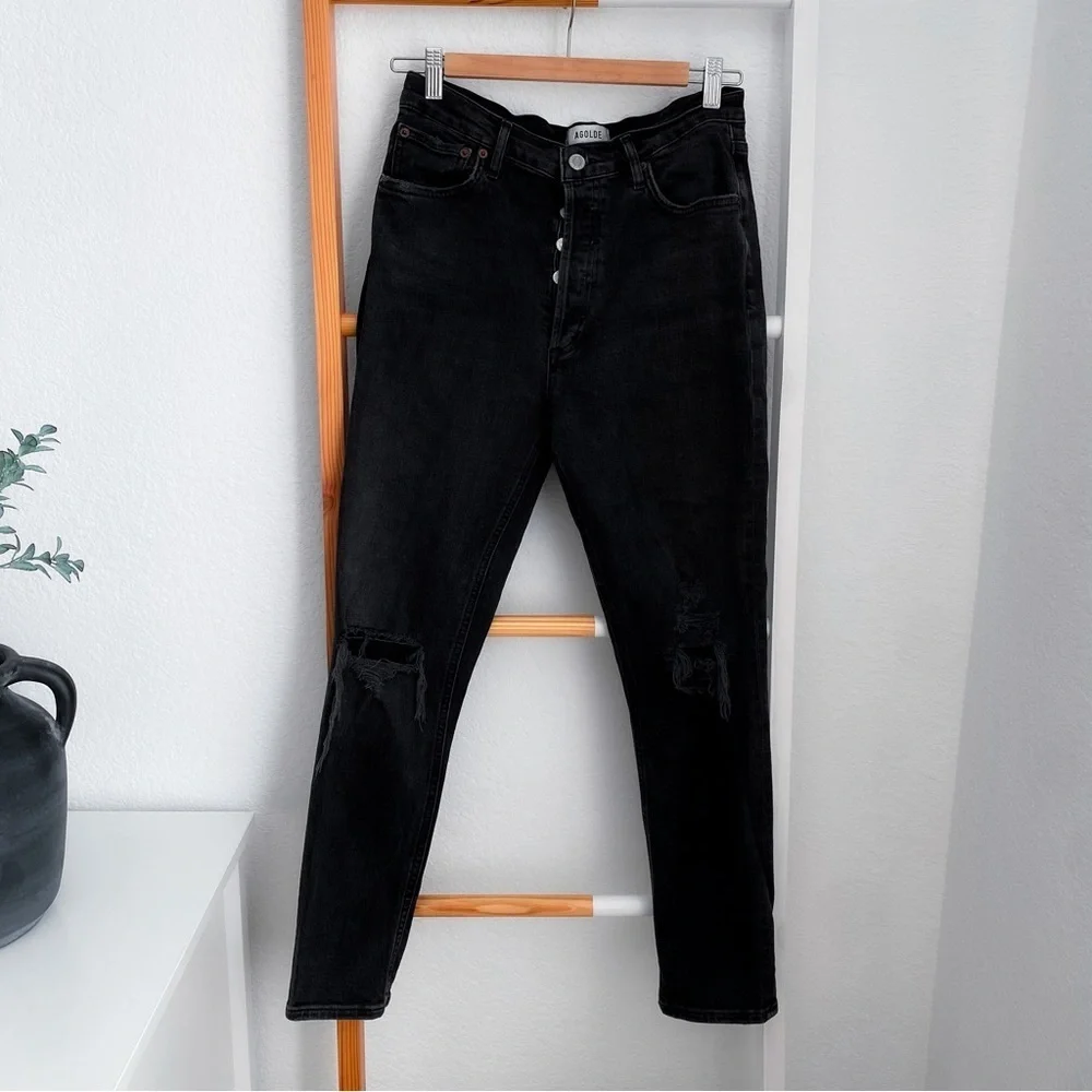 Agolde Black Nico High Wasted Ripped Knee Button Fly Slim Jean Distressed